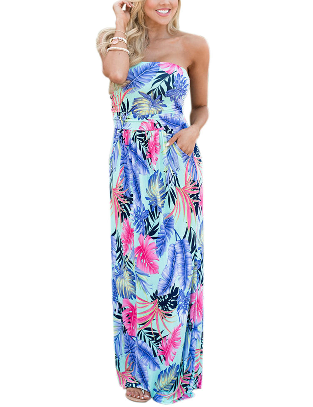 YESFASHION Women's Strapless Backless Summer Tropical Dress