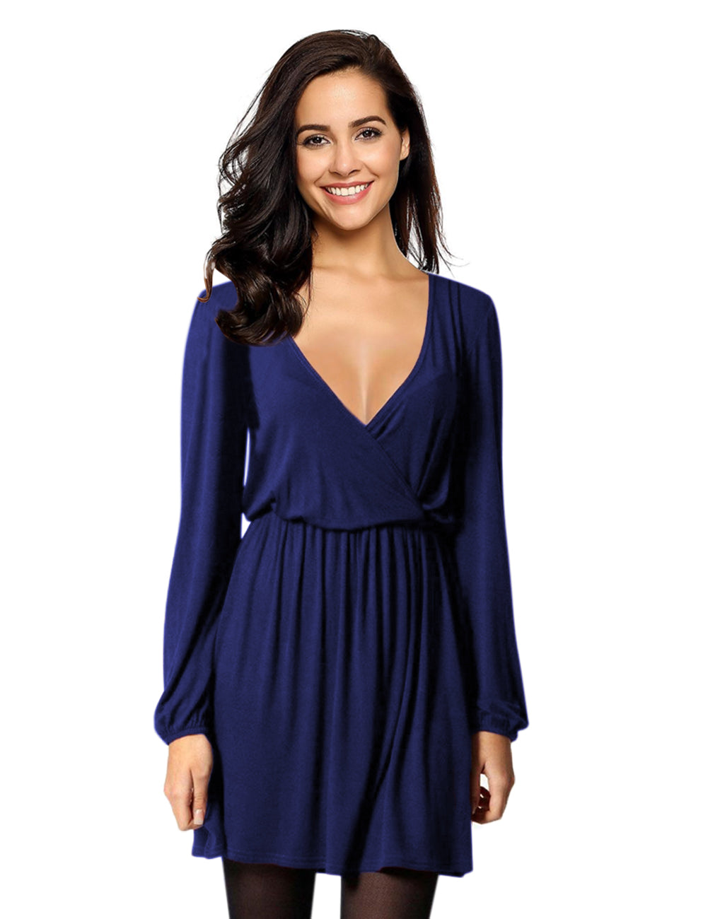 YESFASHION Women V-Neck A-Line Solid Plain Party Casual Mini Dress Navy Blue
