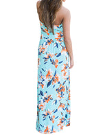YESFASHION Women Ruched Strapless Maxi Vintage Floral Print Long Dress Blue