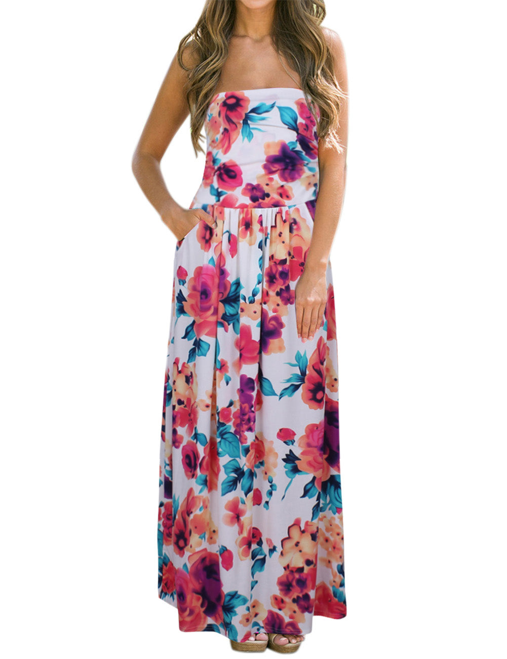 YESFASHION Women Ruched Strapless Maxi Vintage Floral Print Long Dress Blue