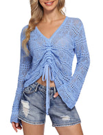 YESFASHION Drawstring Knitted Blouse Women Adjustable Crochet Tops