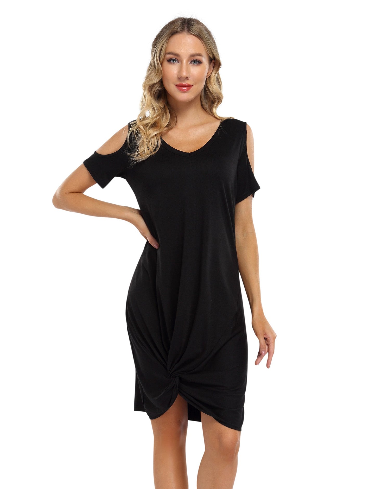 YESFASHION Women's Twist Knot T Shirt Dress Dark Blue