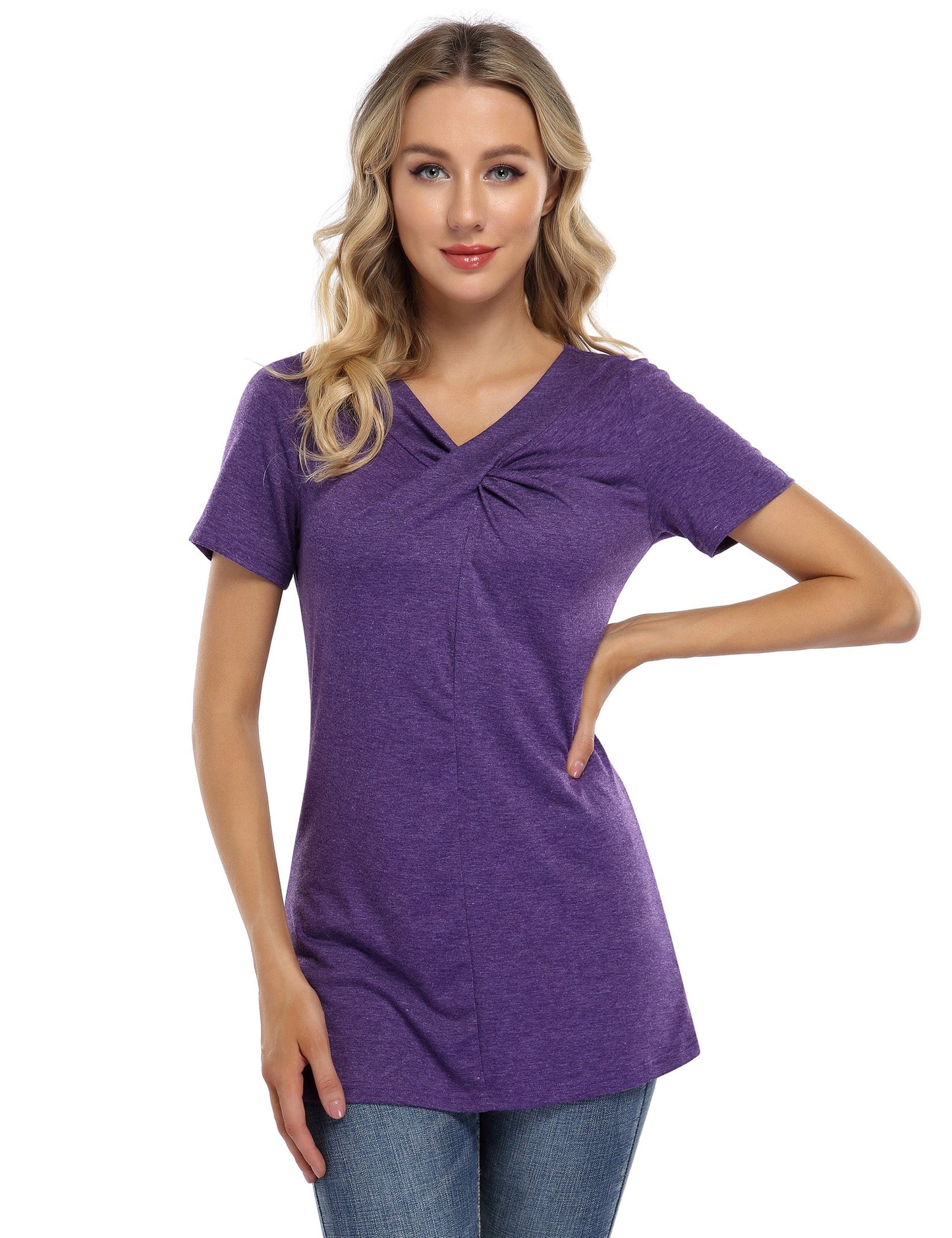 YESFASHION knot hem tops for women V Neck Blouse Purple