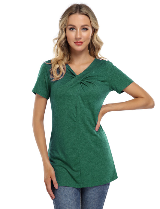 YESFASHION knot hem tops for women V Neck Blouse Green