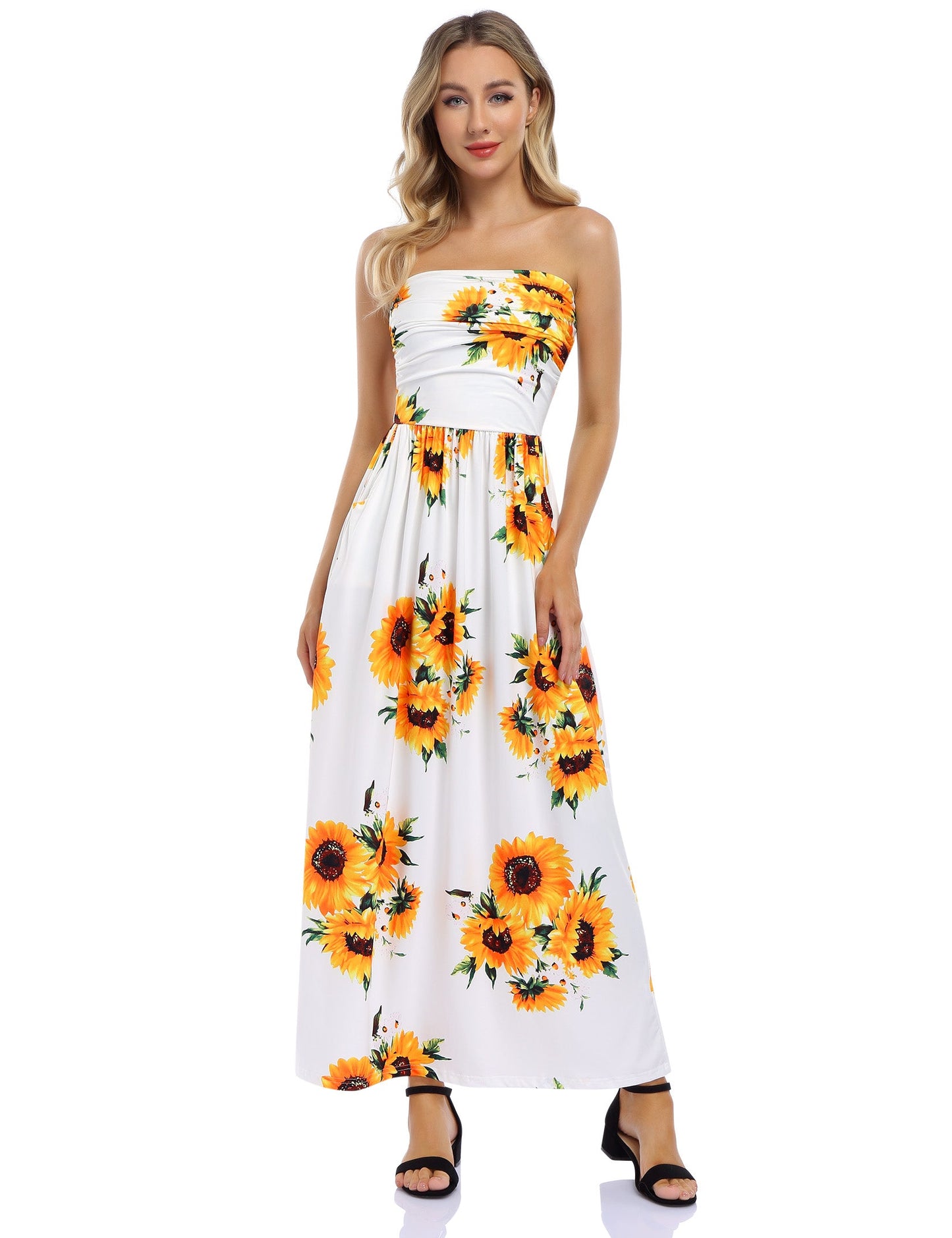 YESFASHION Women's Strapless Graceful Floral Party Maxi Long Dress Orange Pink