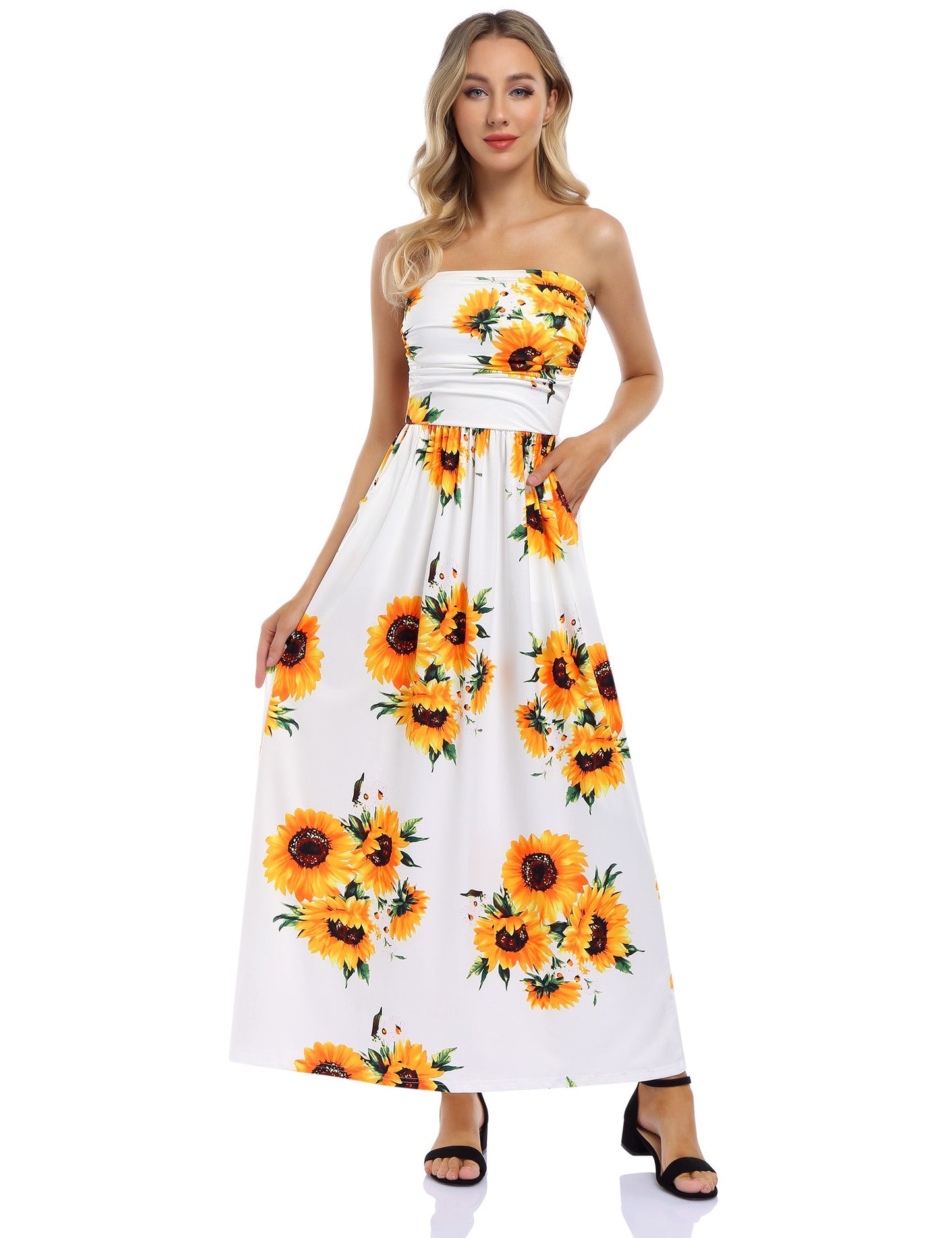 YESFASHION Women's Strapless Graceful Floral Party Maxi Long Dress Yelllow