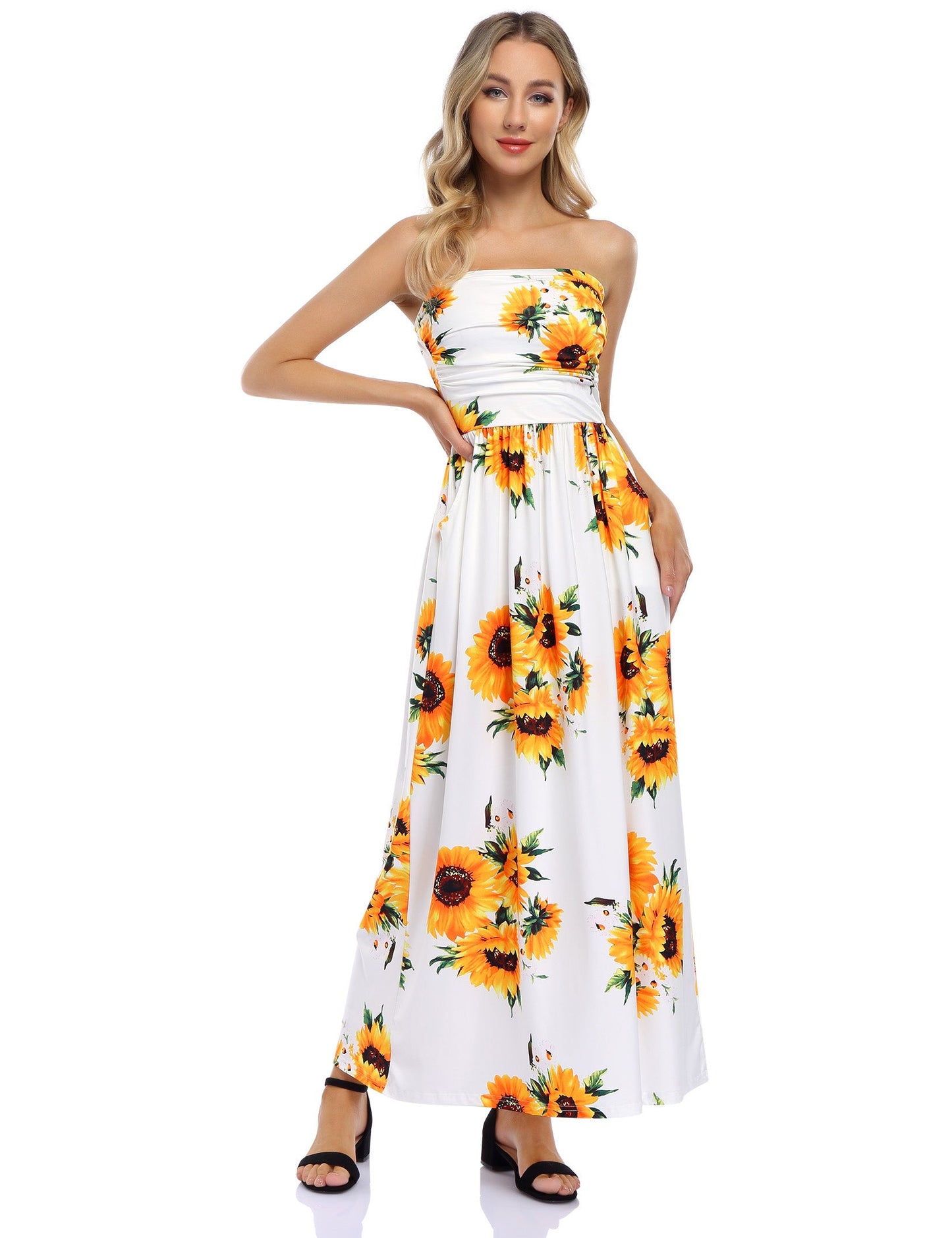 YESFASHION Women's Strapless Graceful Floral Party Maxi Long Dress White