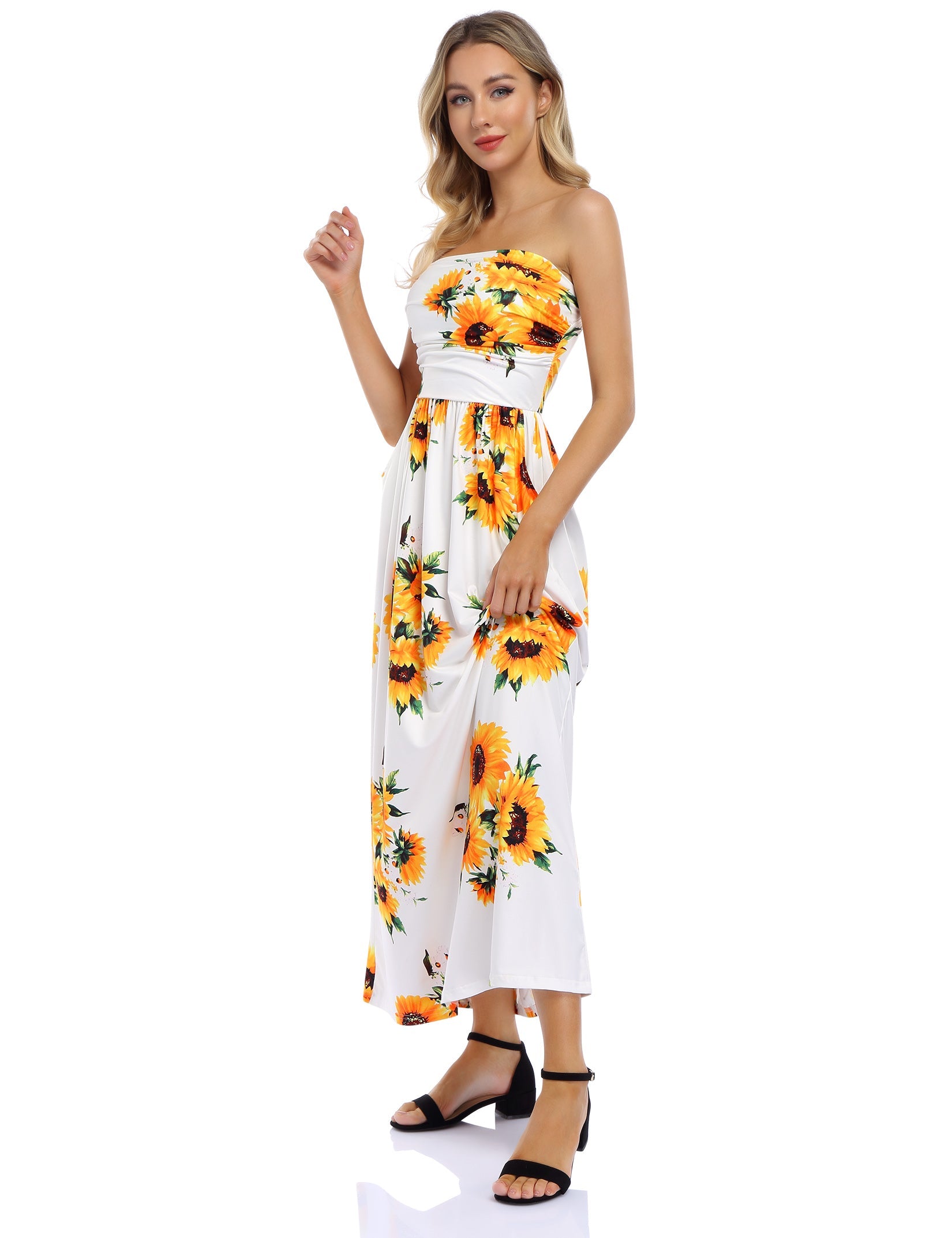 YESFASHION Women's Strapless Graceful Floral Party Maxi Long Dress White