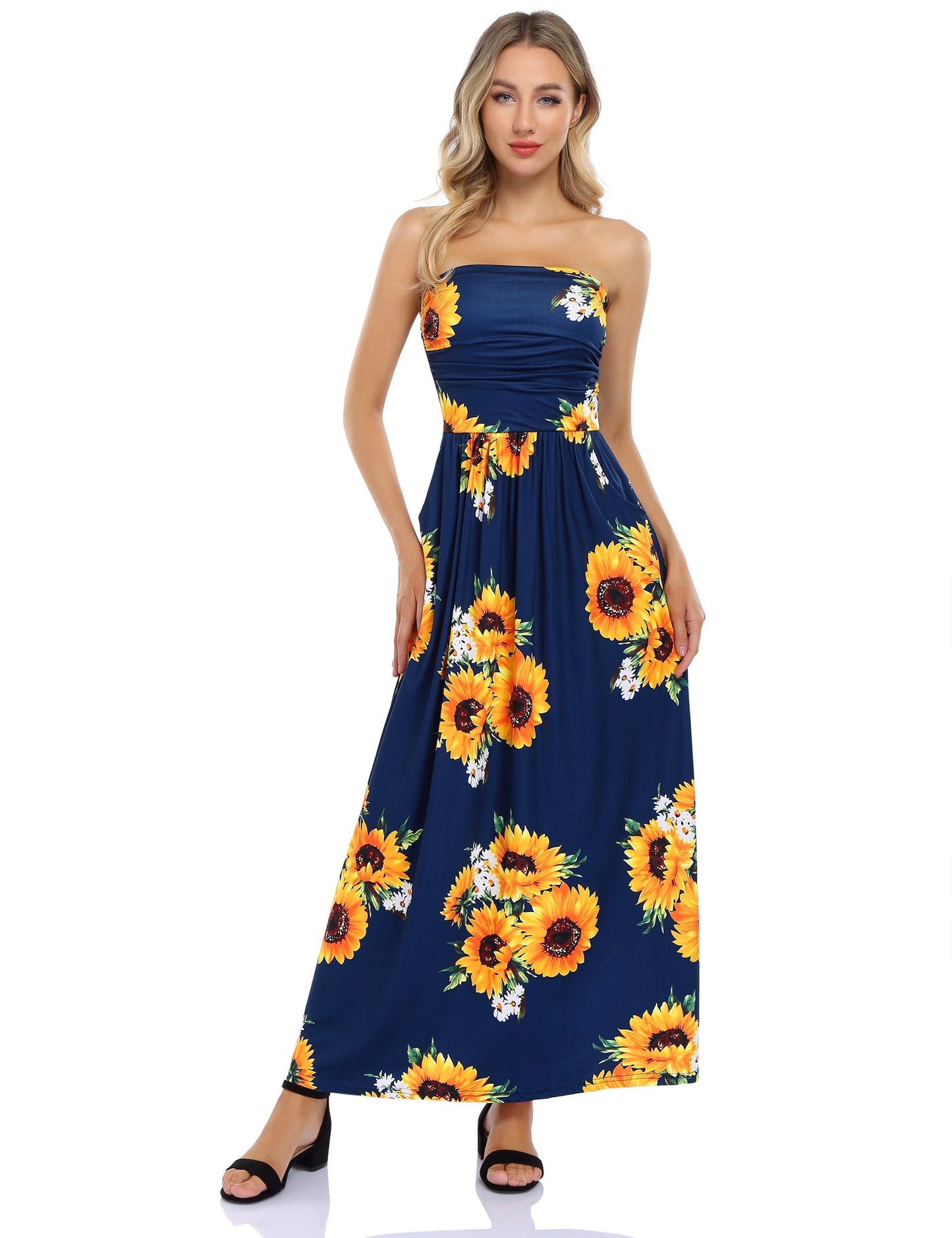 YESFASHION Women's Strapless Graceful Floral Party Maxi Long Dress Yelllow