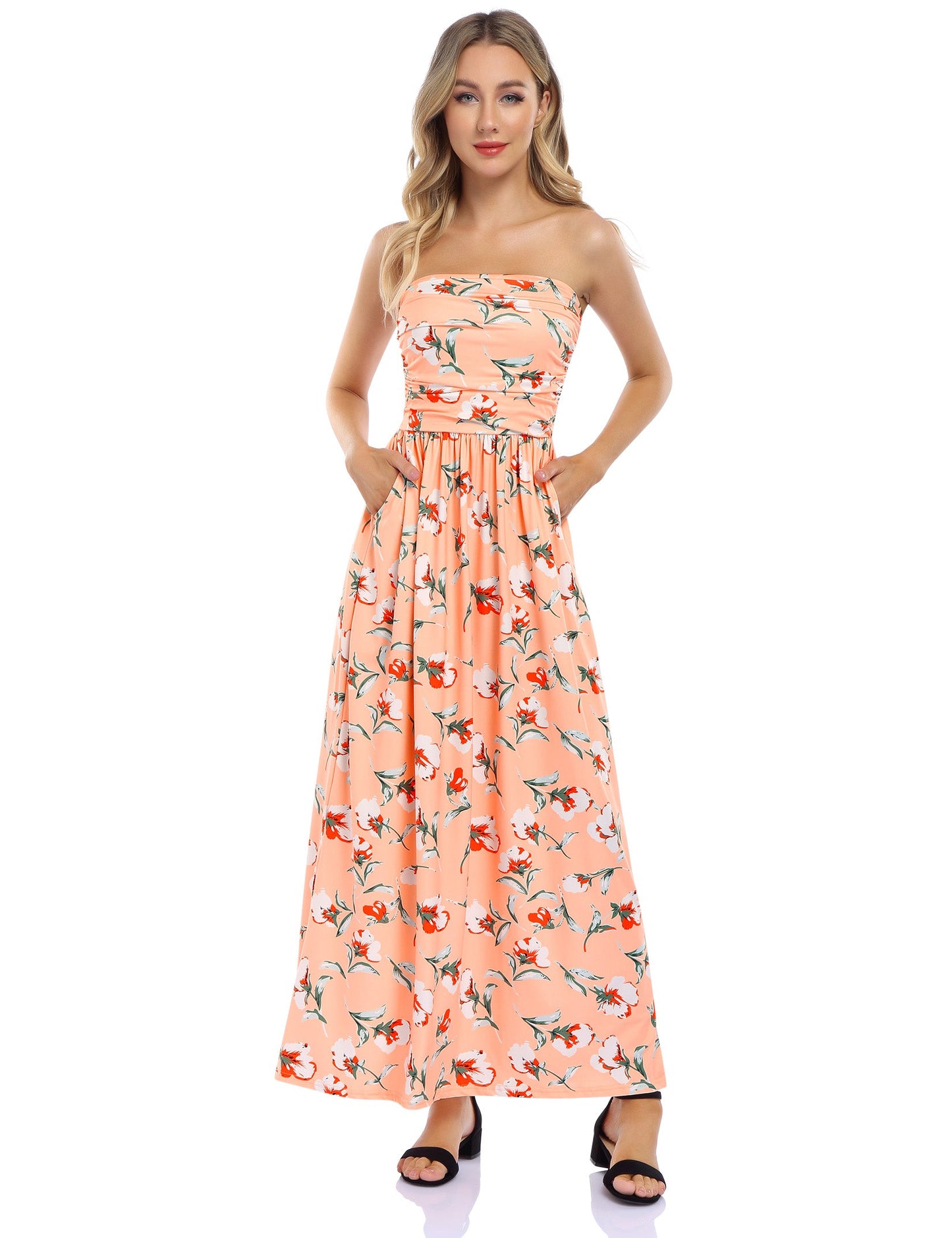 YESFASHION Women's Strapless Graceful Floral Party Maxi Long Dress Navy Blue