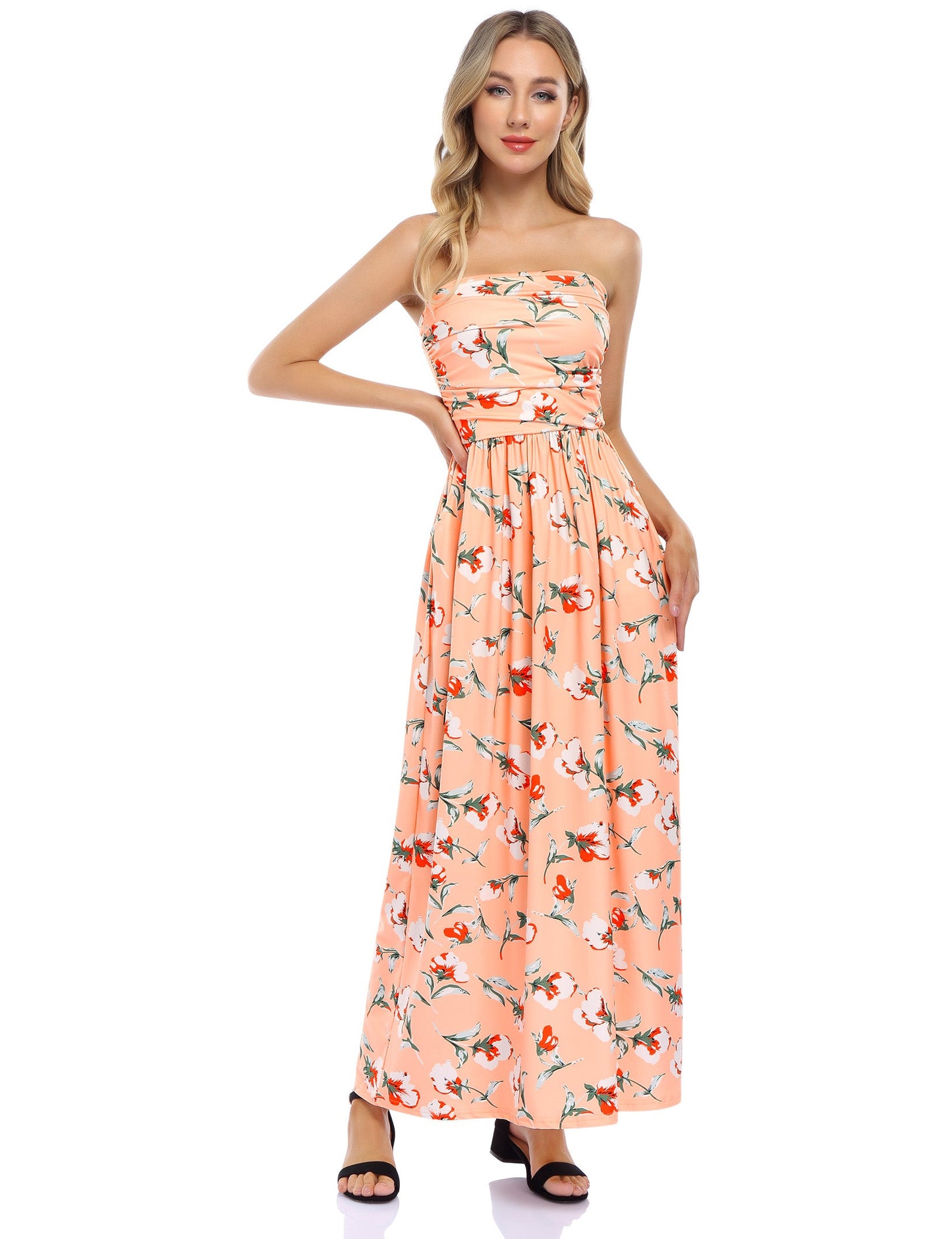 YESFASHION Women's Strapless Graceful Floral Party Maxi Long Dress Orange Pink