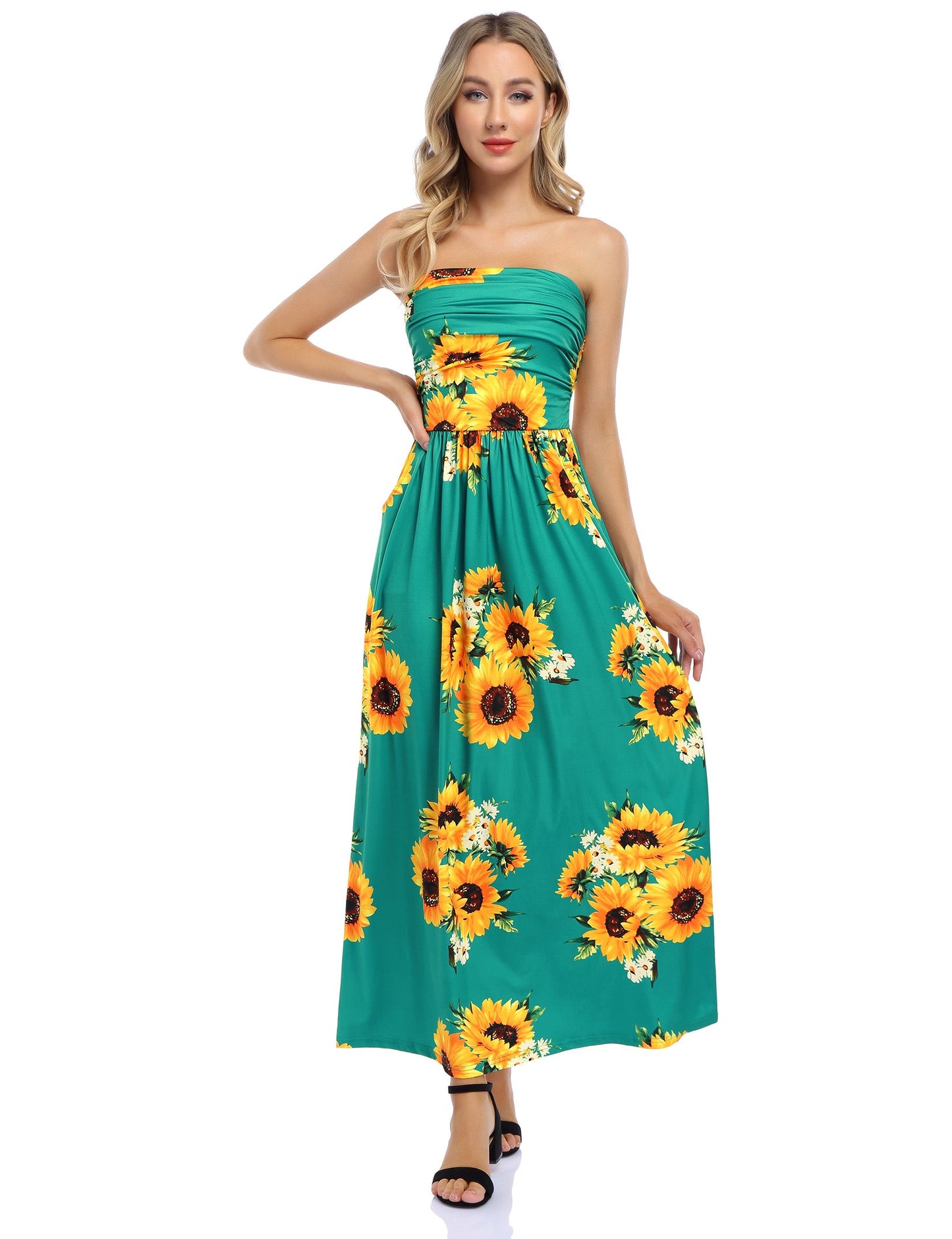 YESFASHION Women's Strapless Graceful Floral Party Maxi Long Dress Navy Blue