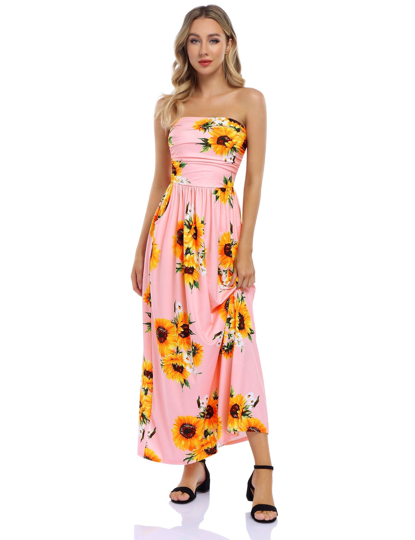 YESFASHION Women's Strapless Graceful Floral Party Maxi Long Dress Apricot