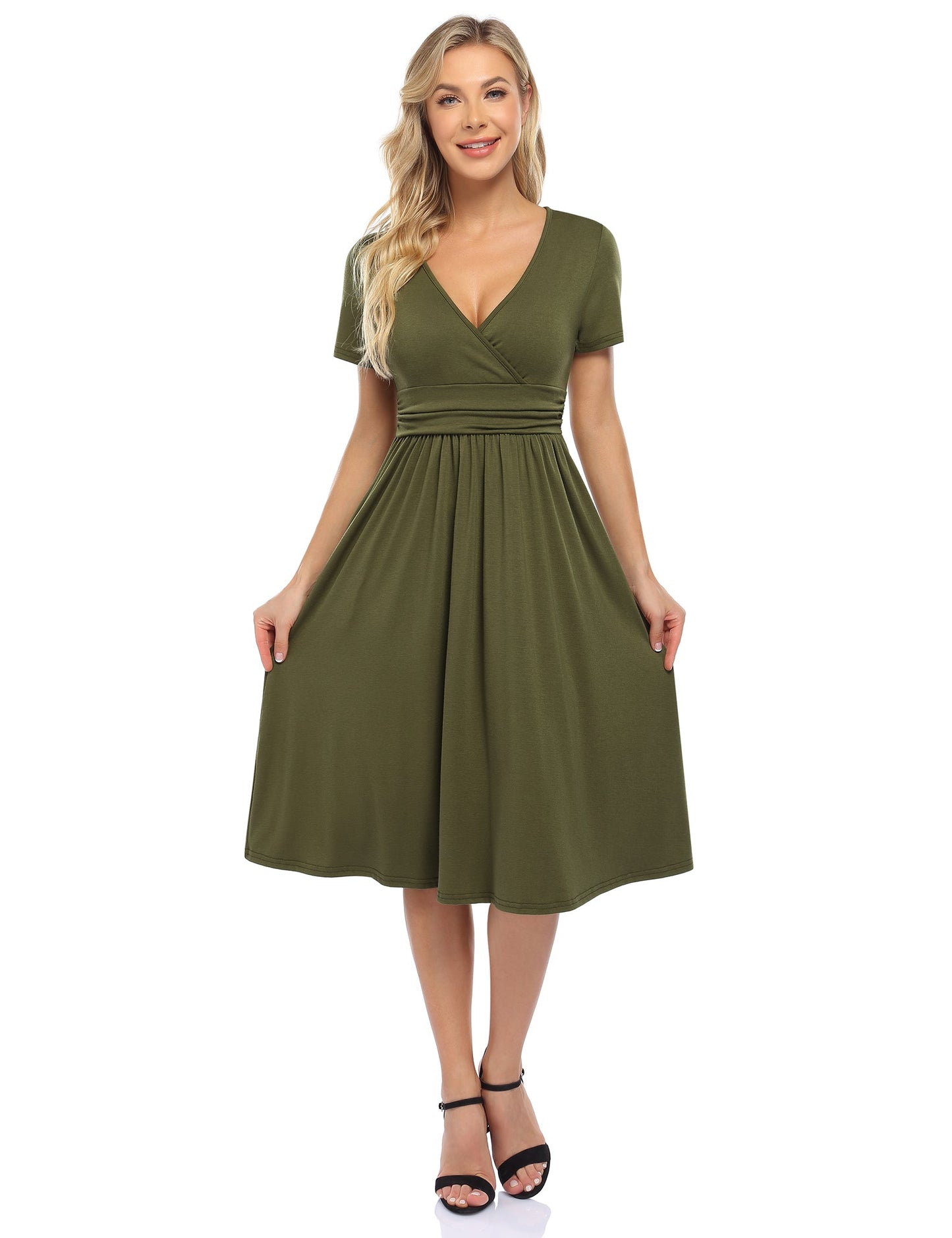 YESFASHION Women's V-neck Casual Dress Navy Blue