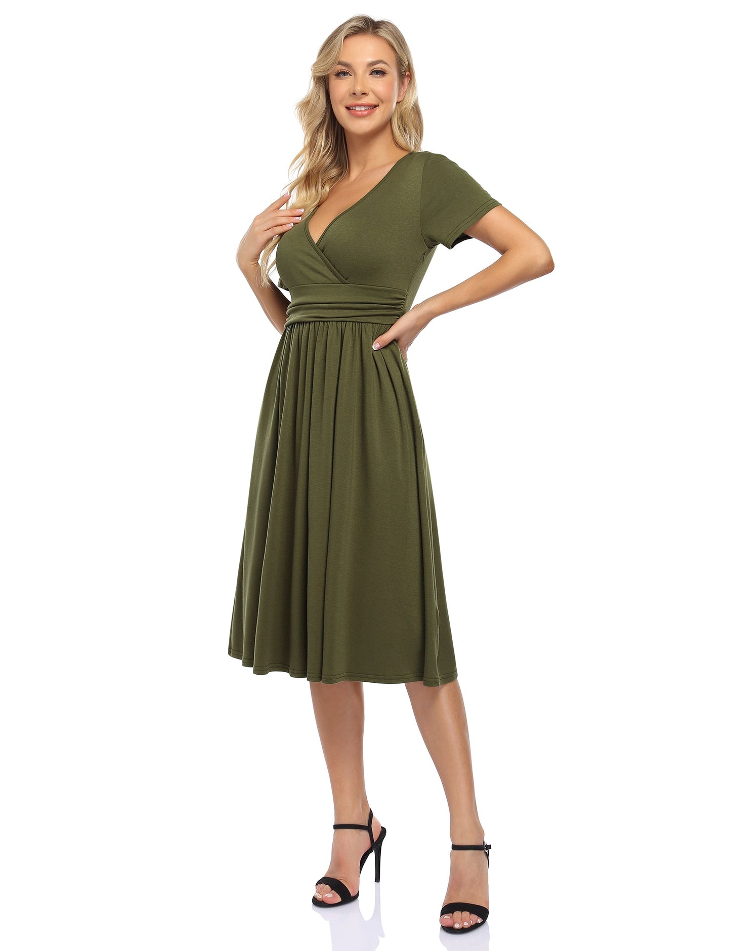YESFASHION Women's V-neck Casual Dress Green