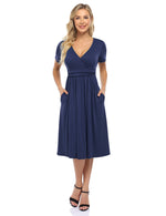 YESFASHION Women's V-neck Casual Dress Navy Blue