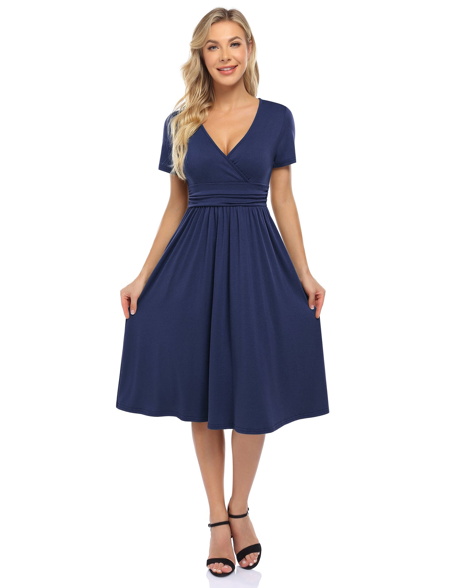 YESFASHION Women's V-neck Casual Dress Navy Blue