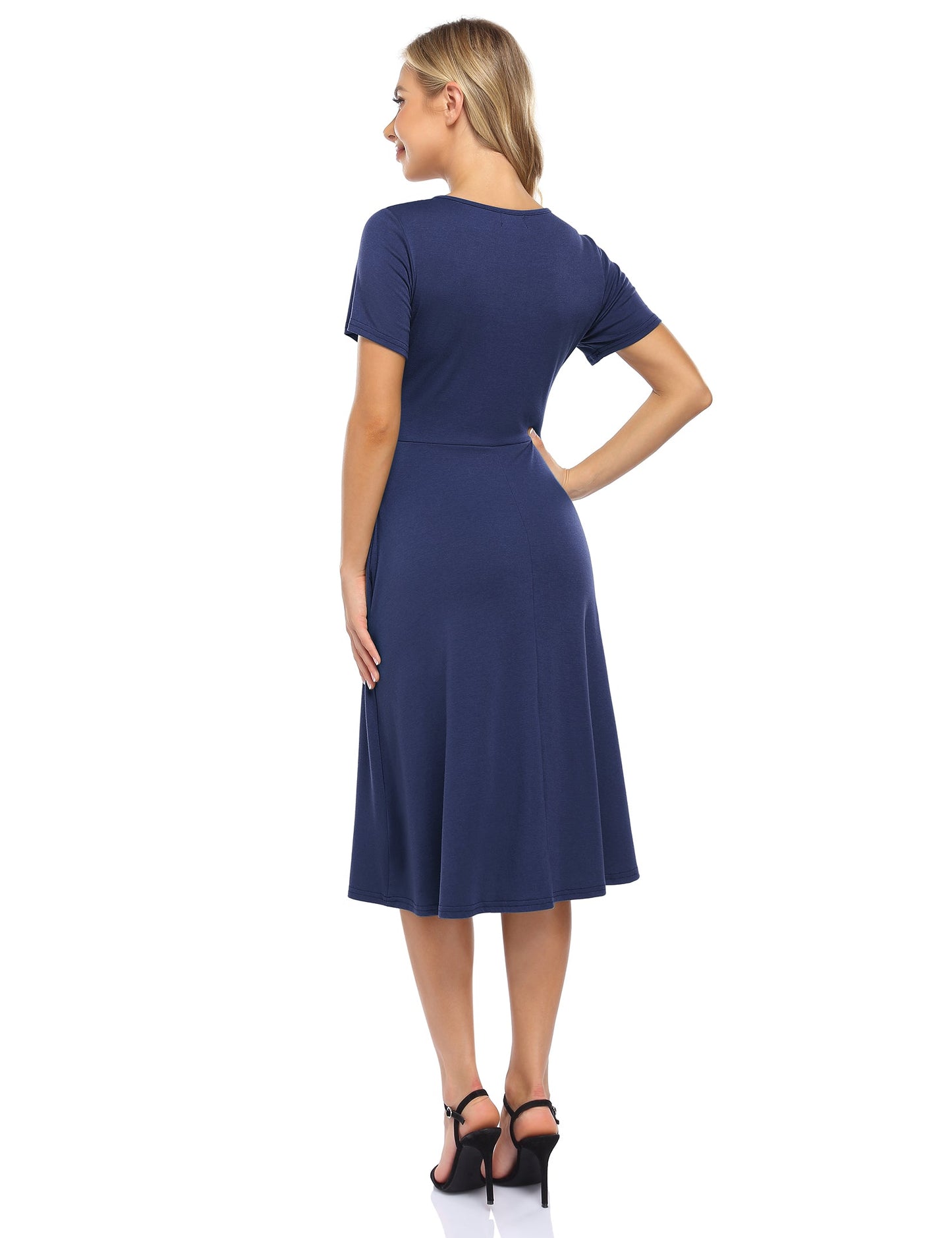 YESFASHION Women's V-neck Casual Dress Navy Blue