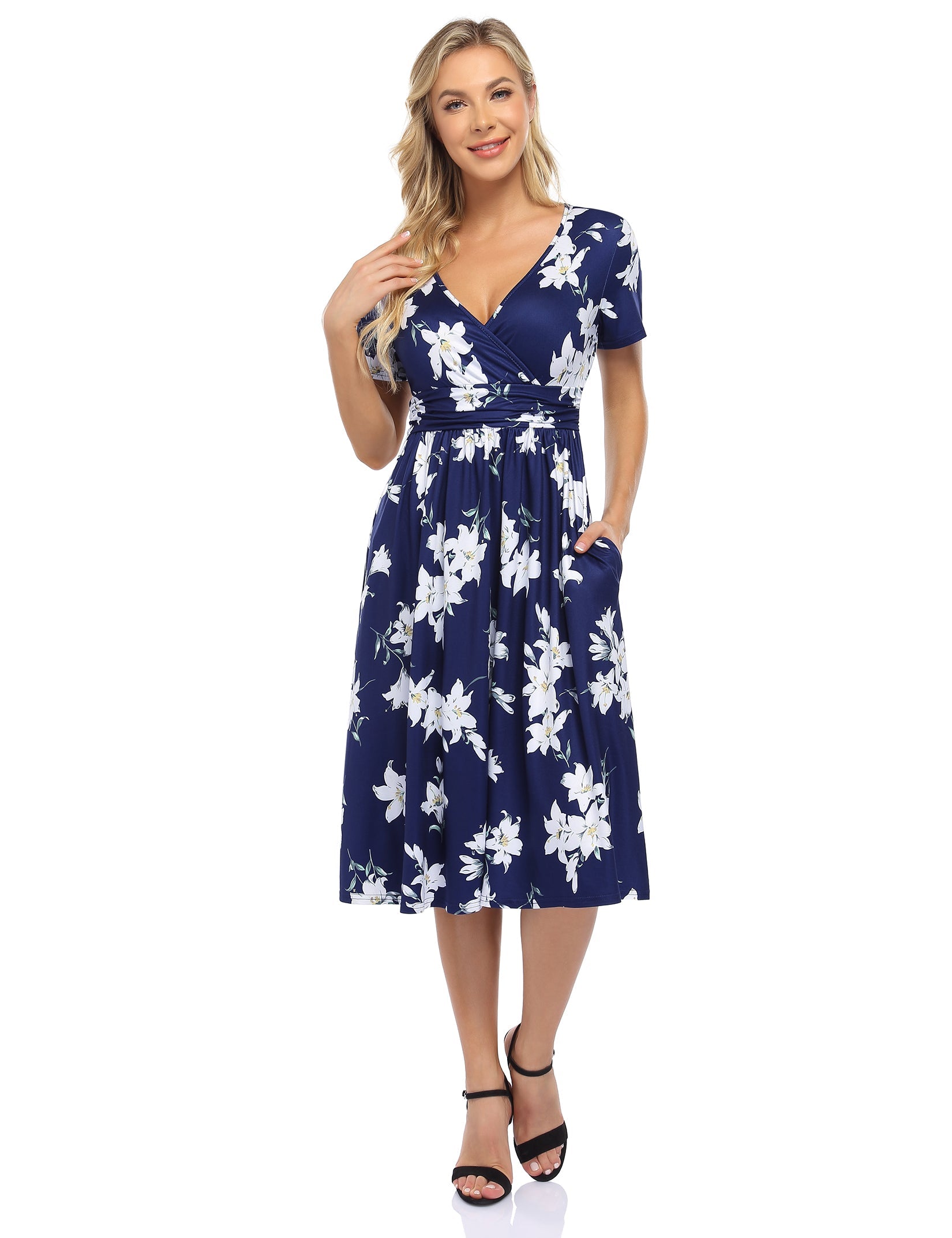 YESFASHION Women's V-neck Casual Dress Navy Blue