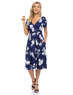 YESFASHION Women's V-neck Casual Dress Navy Blue