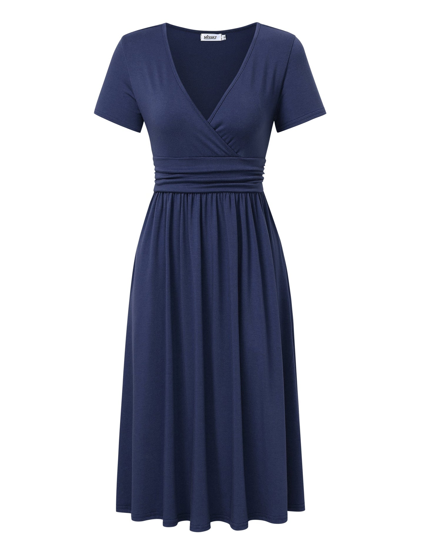 YESFASHION Women's V-neck Casual Dress Navy Blue