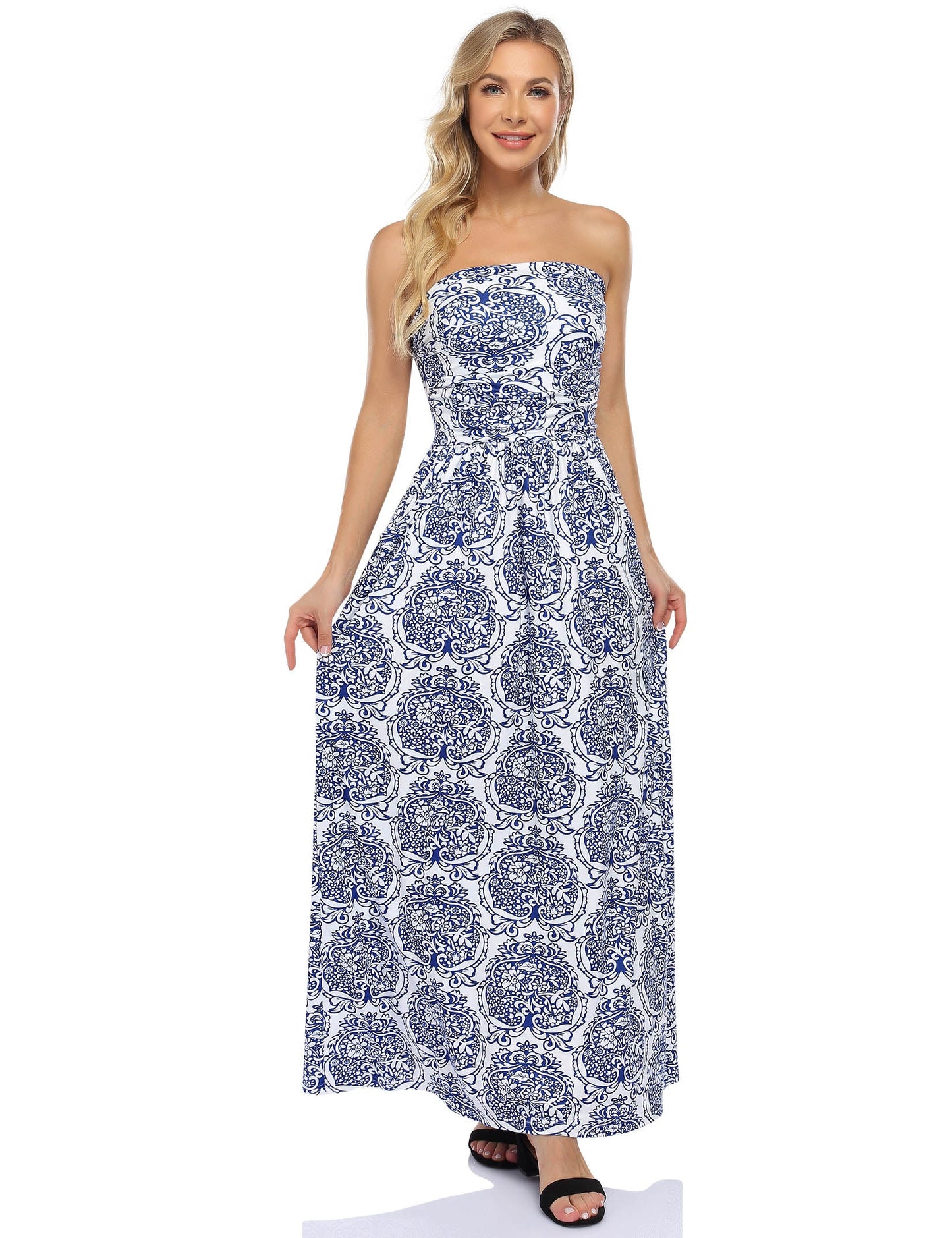YESFASHION Women's Strapless Graceful Floral Party Maxi Long Dress Dark Blue