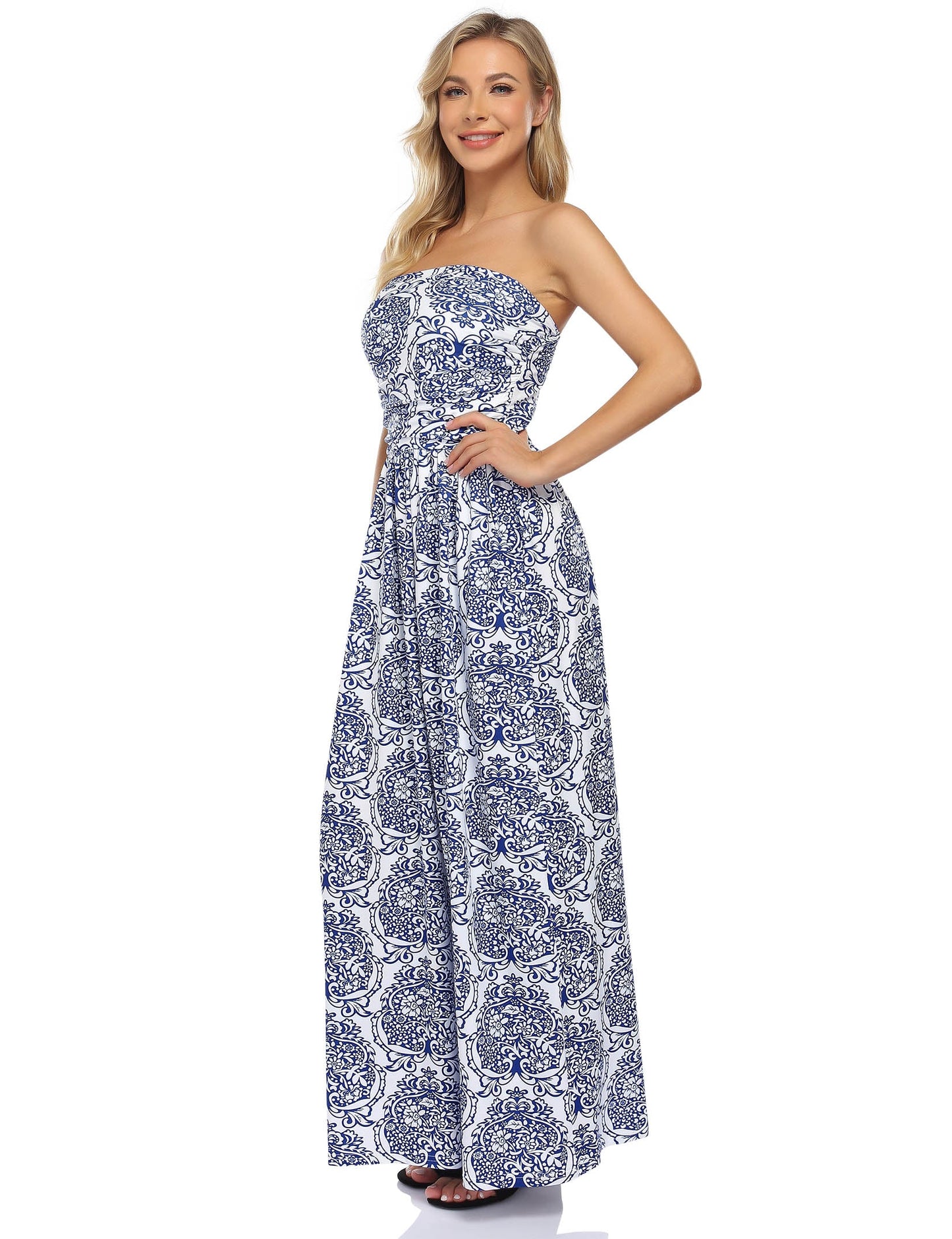 YESFASHION Women's Strapless Graceful Floral Party Maxi Long Dress White