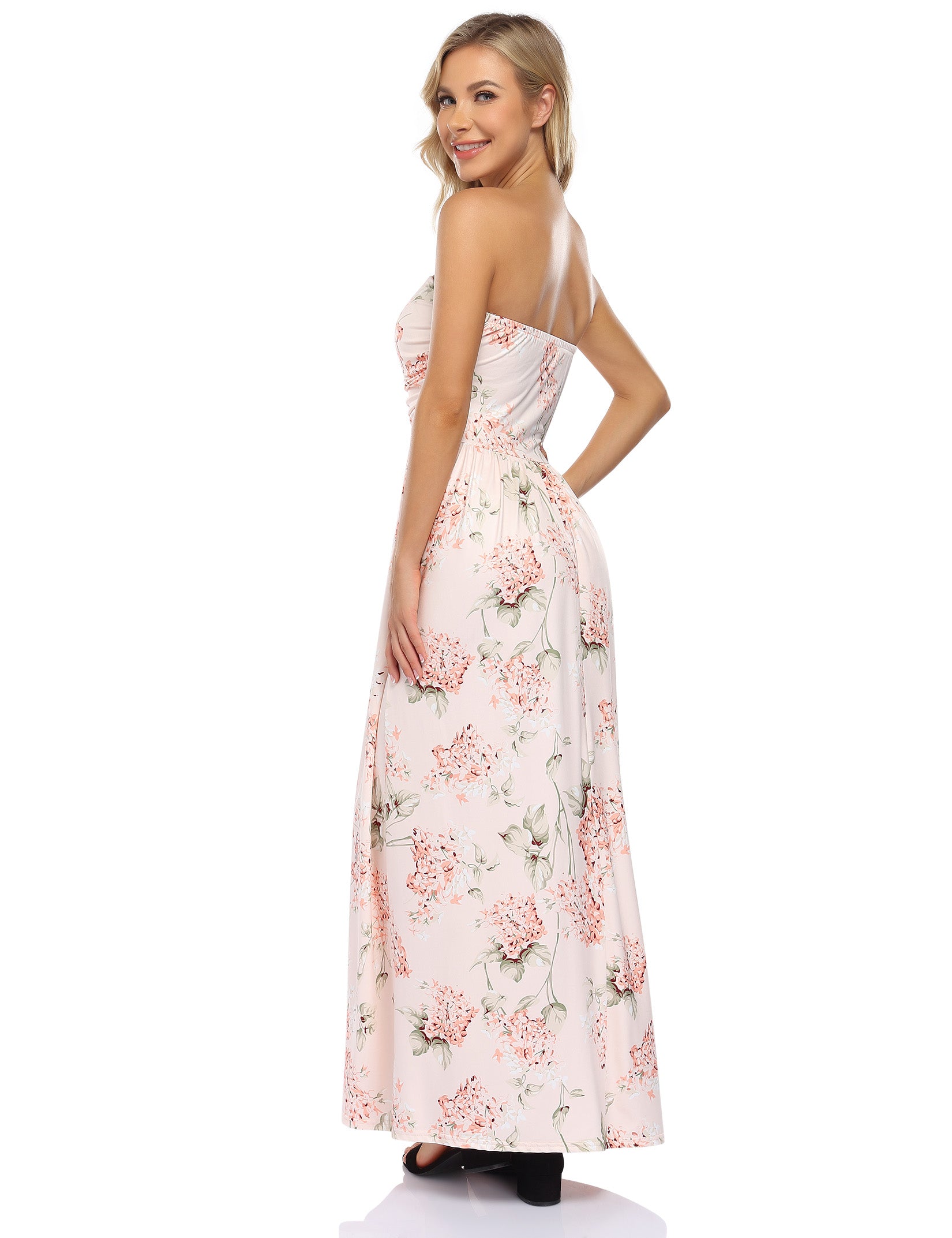 YESFASHION Women's Strapless Graceful Floral Party Maxi Long Dress Apricot
