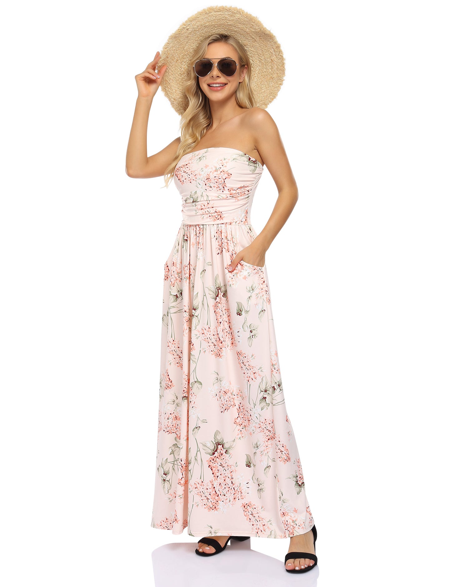 YESFASHION Women's Strapless Graceful Floral Party Maxi Long Dress Apricot