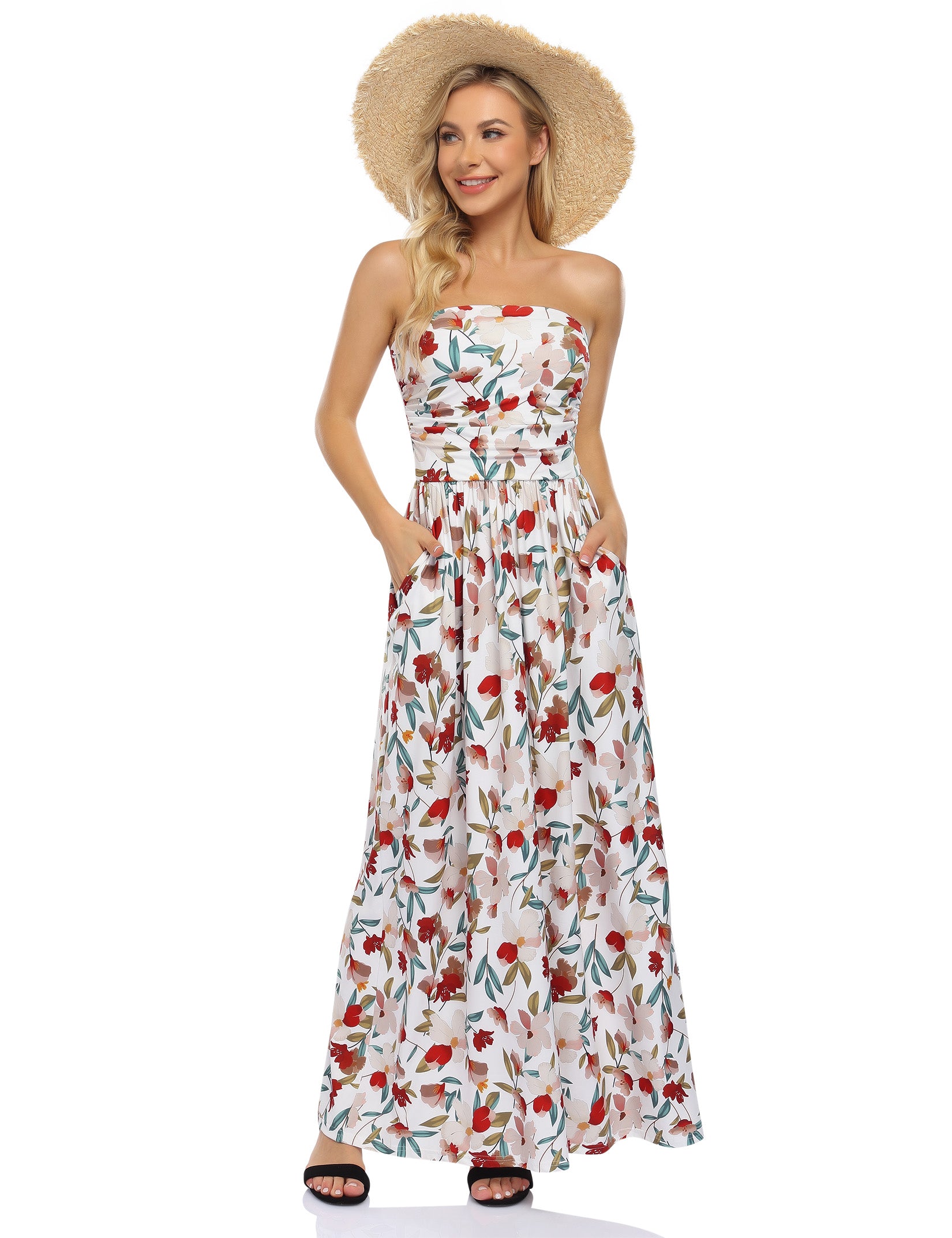 YESFASHION Women's Strapless Graceful Floral Party Maxi Long Dress Flower White