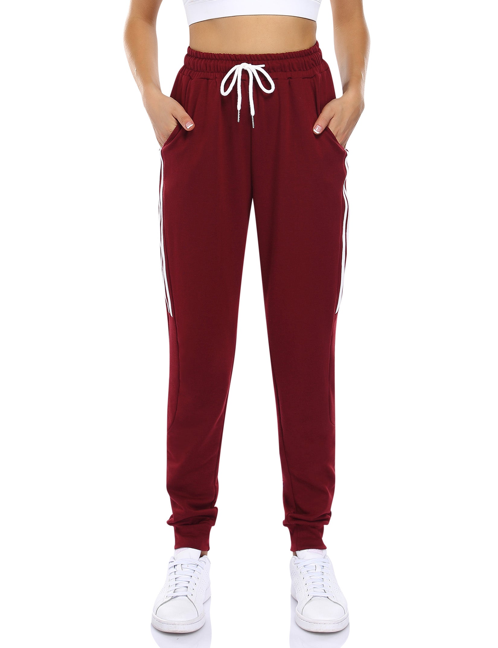 YESFASHION Women's Drawstring Exercise Pants Wine Red