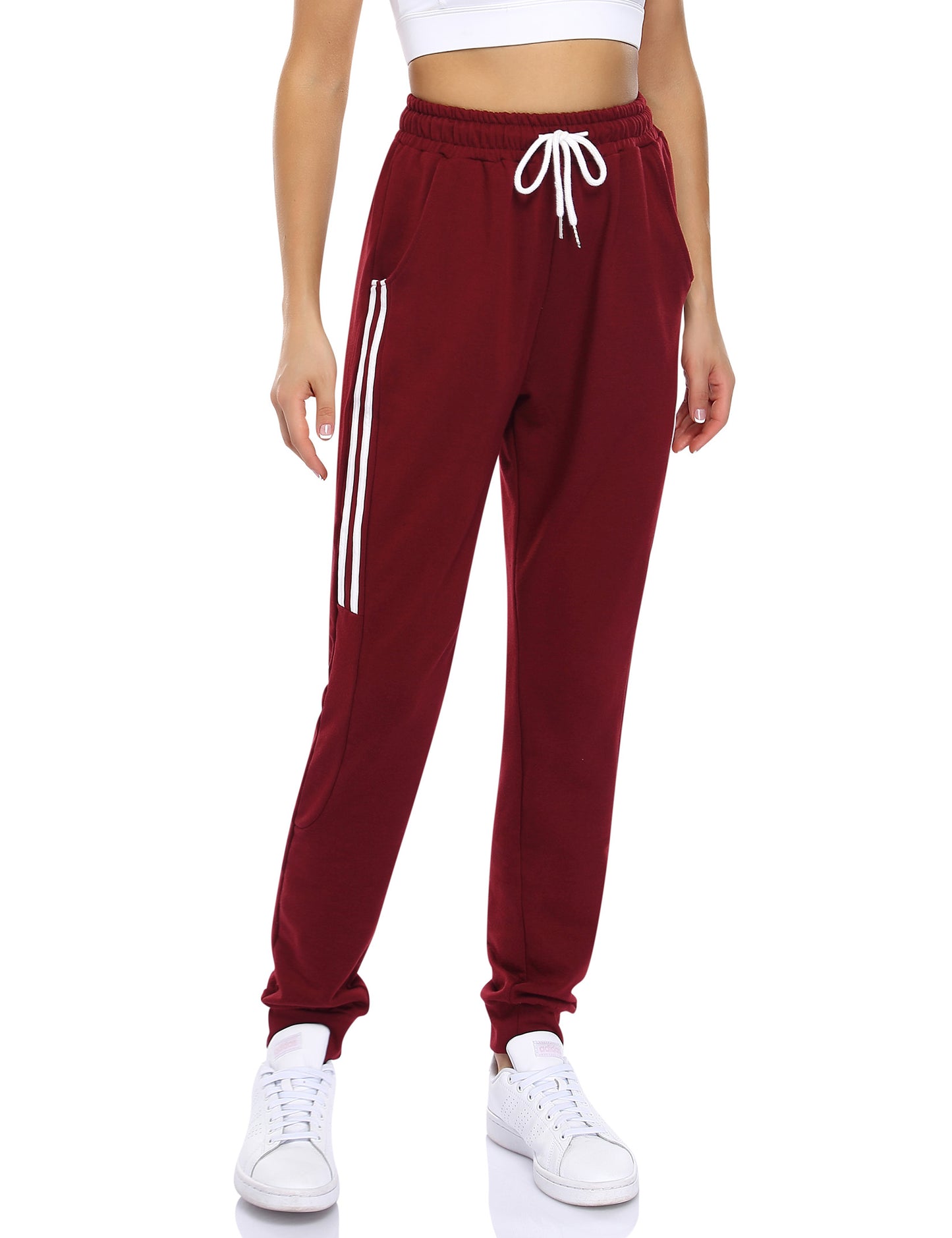 YESFASHION Women's Drawstring Exercise Pants Wine Red