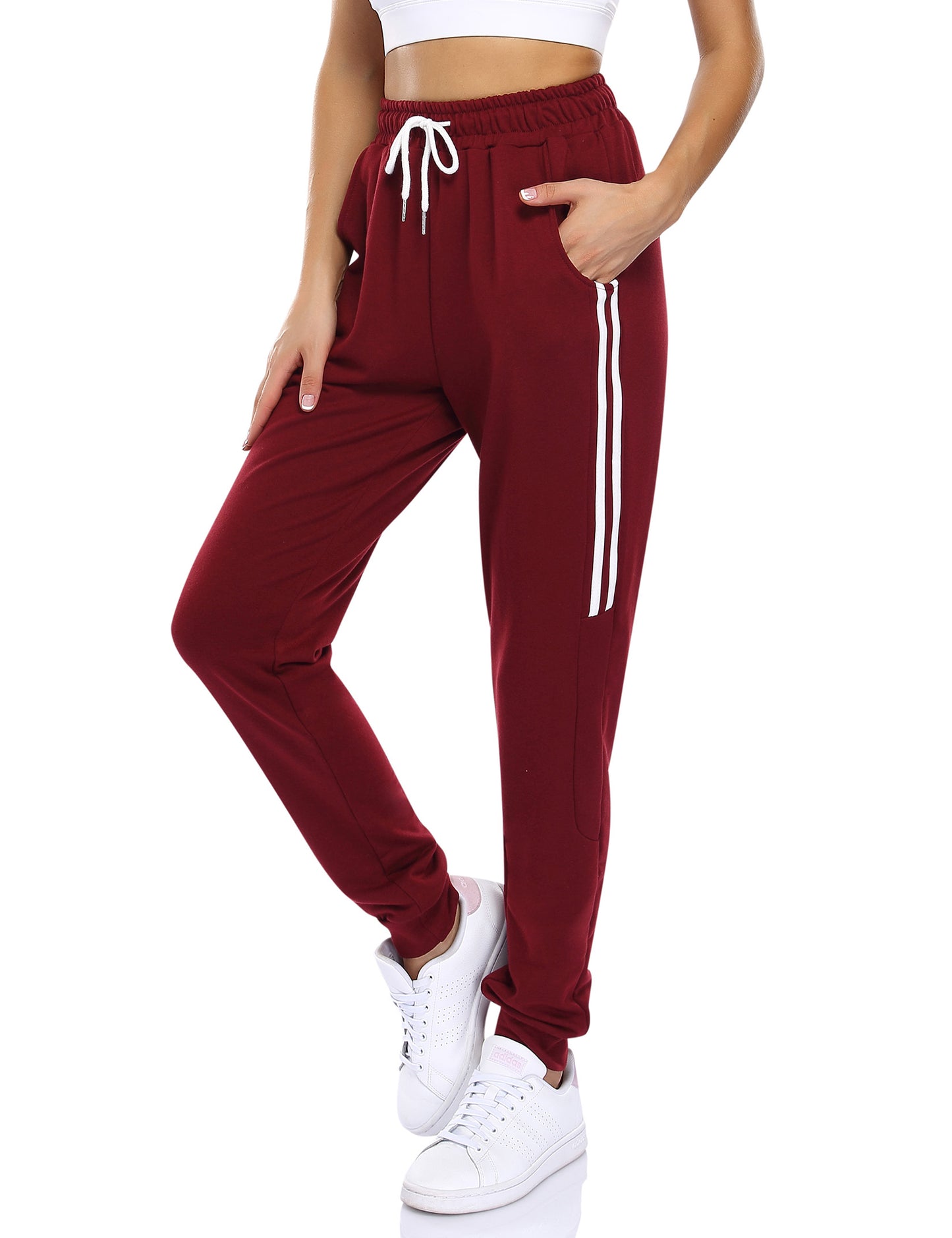 YESFASHION Women's Drawstring Exercise Pants Wine Red