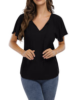 YESFASHION Women's V Neck Top Short Ruffle Drawstring Shirt