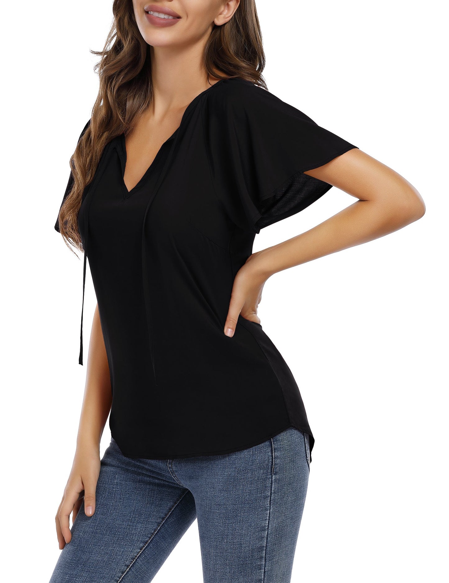 YESFASHION Women's V Neck Top Short Ruffle Drawstring Shirt Black