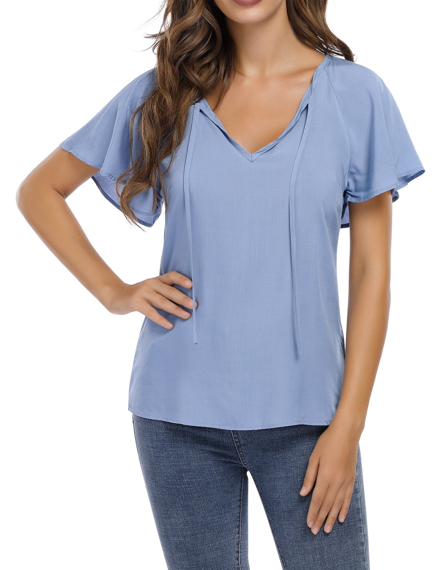 YESFASHION Women's V Neck Top Short Ruffle Drawstring Shirt Blue