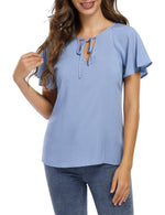 YESFASHION Women's V Neck Top Short Ruffle Drawstring Shirt Blue