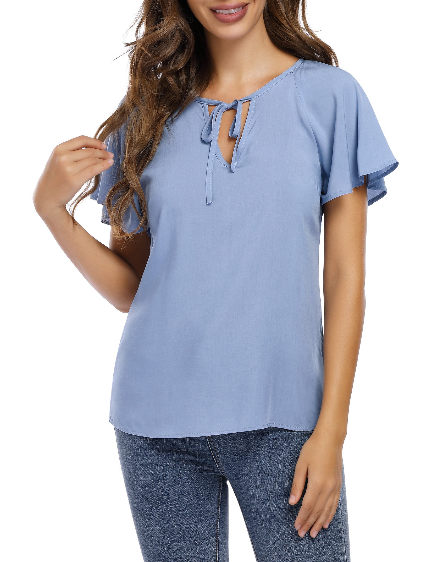YESFASHION Women's V Neck Top Short Ruffle Drawstring Shirt Blue
