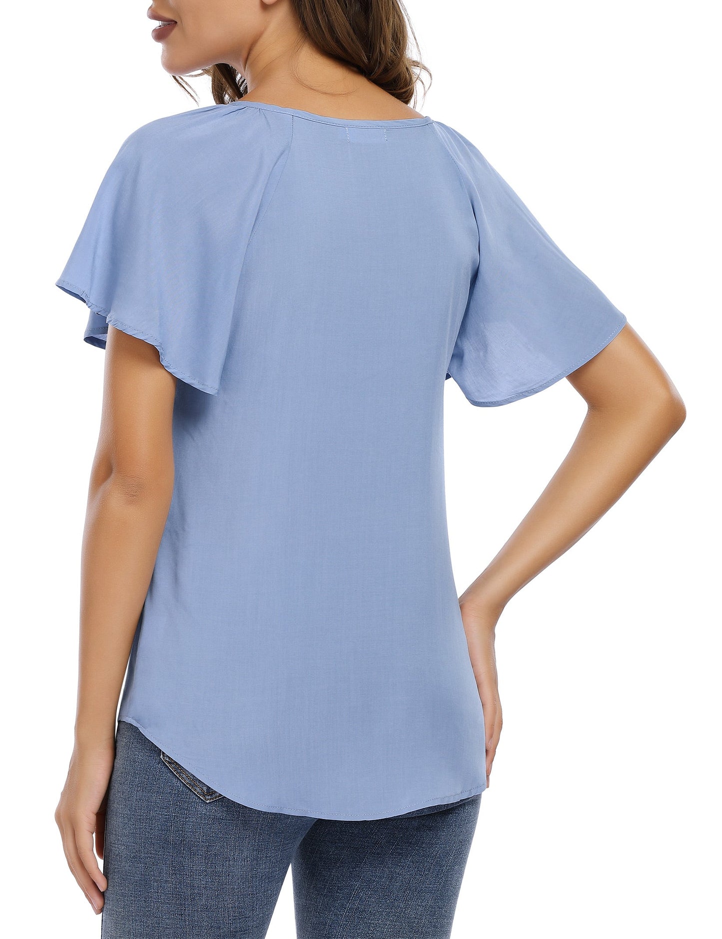YESFASHION Women's V Neck Top Short Ruffle Drawstring Shirt Blue