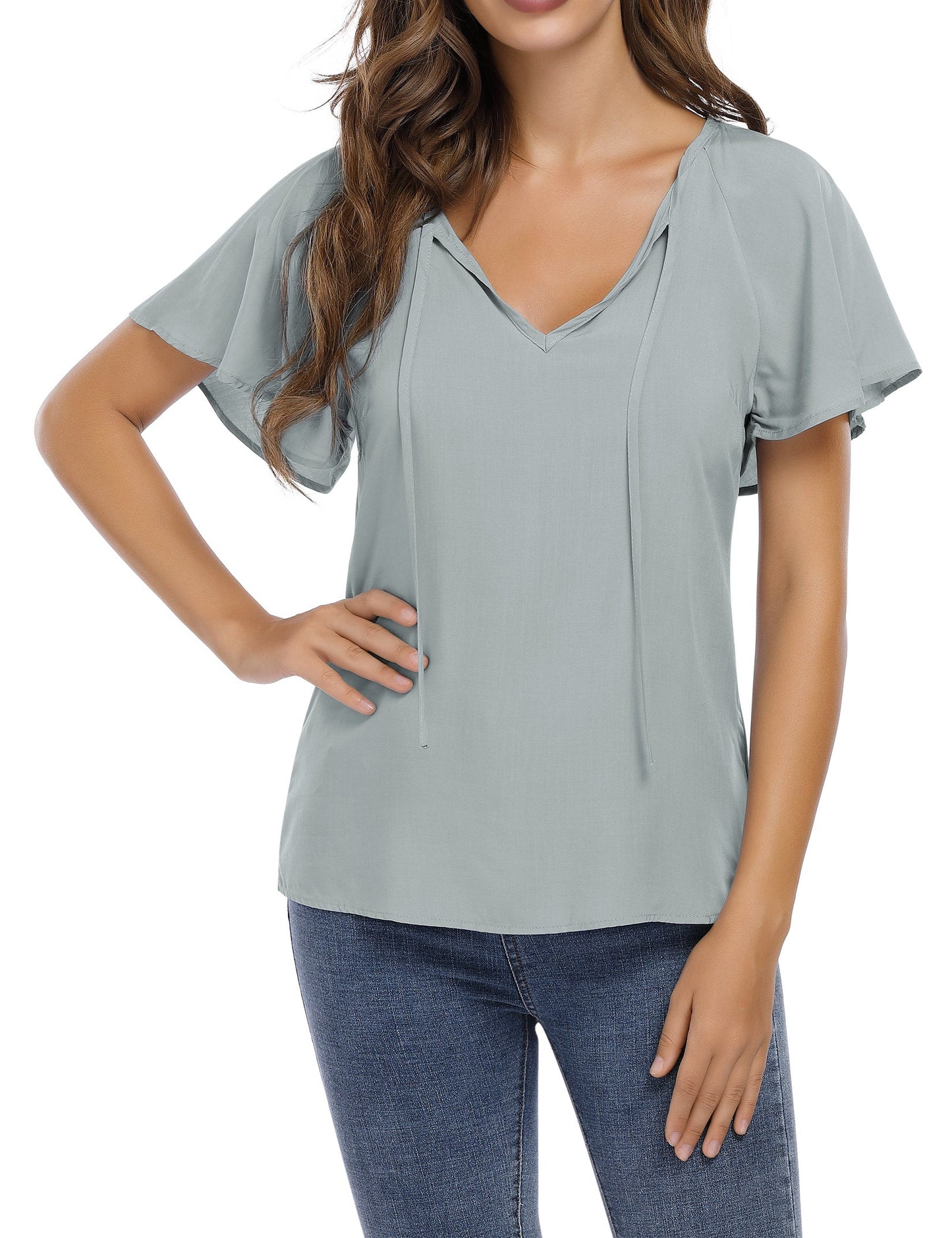 YESFASHION Women's V Neck Top Short Ruffle Drawstring Shirt Grey