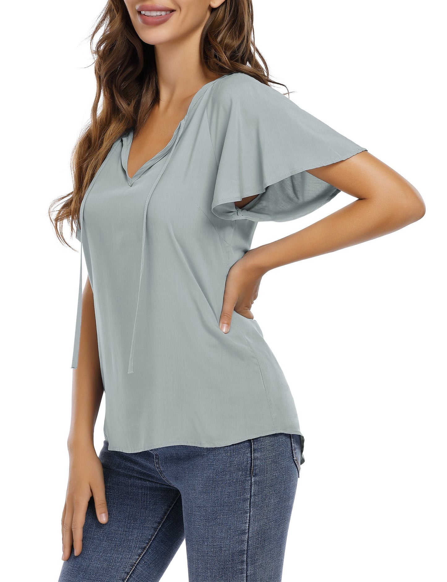 YESFASHION Women's V Neck Top Short Ruffle Drawstring Shirt Grey