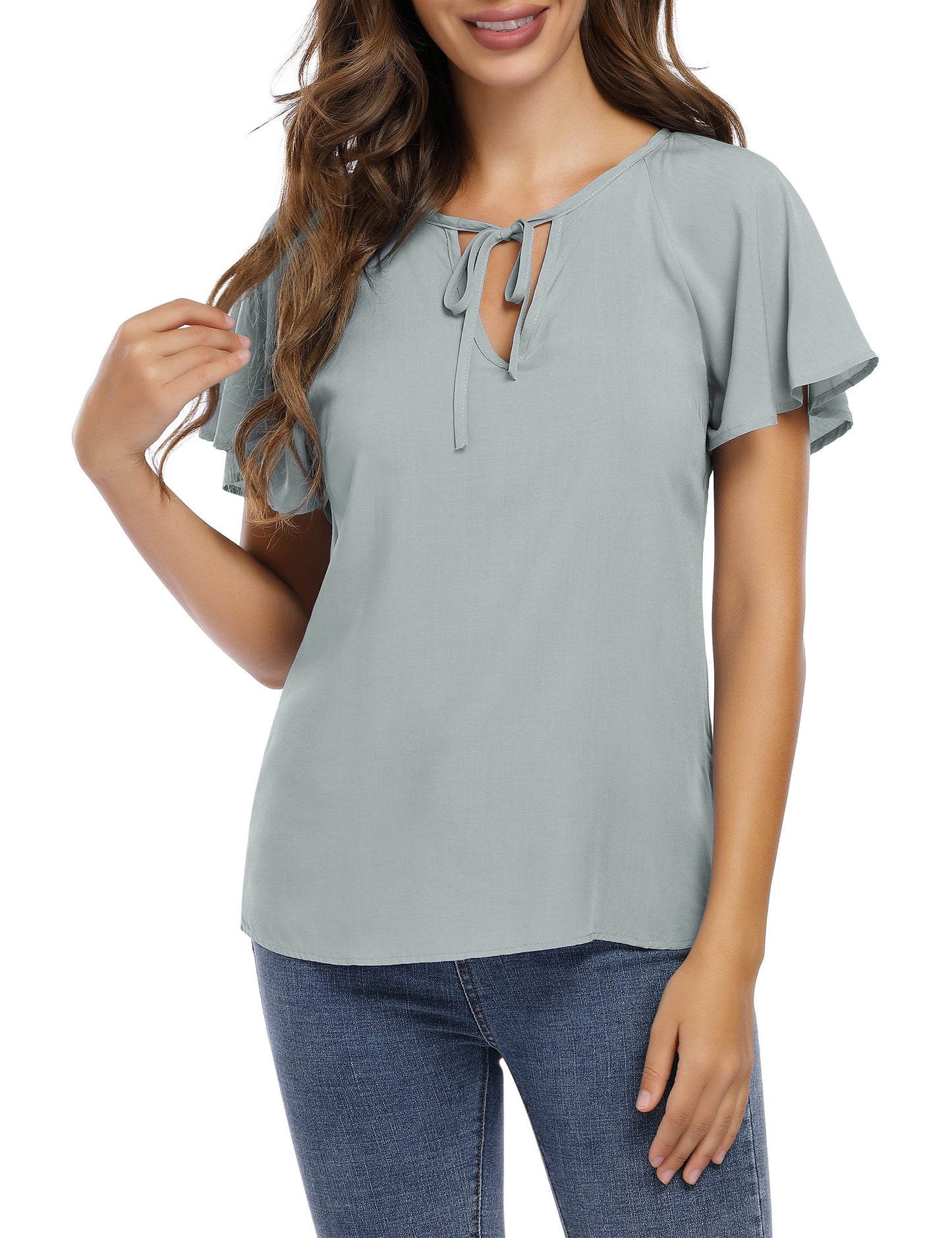 YESFASHION Women's V Neck Top Short Ruffle Drawstring Shirt Grey