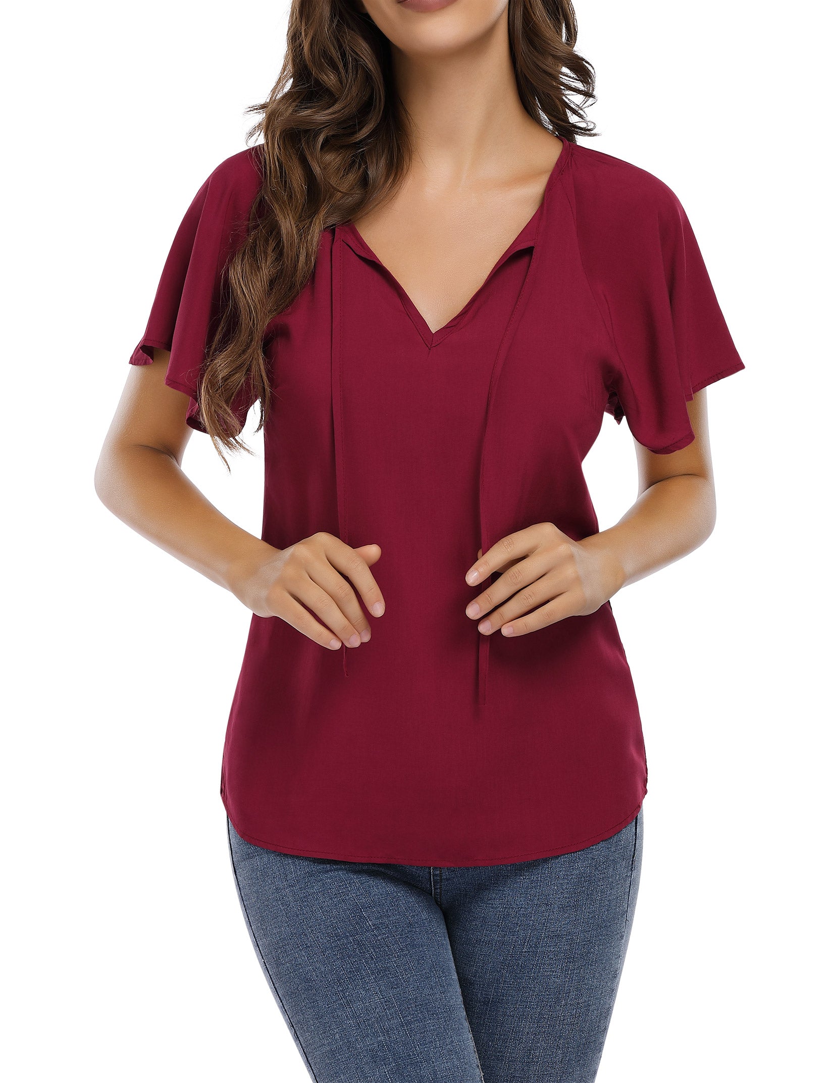 YESFASHION Women's V Neck Top Short Ruffle Drawstring Shirt