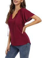 YESFASHION Women's V Neck Top Short Ruffle Drawstring Shirt