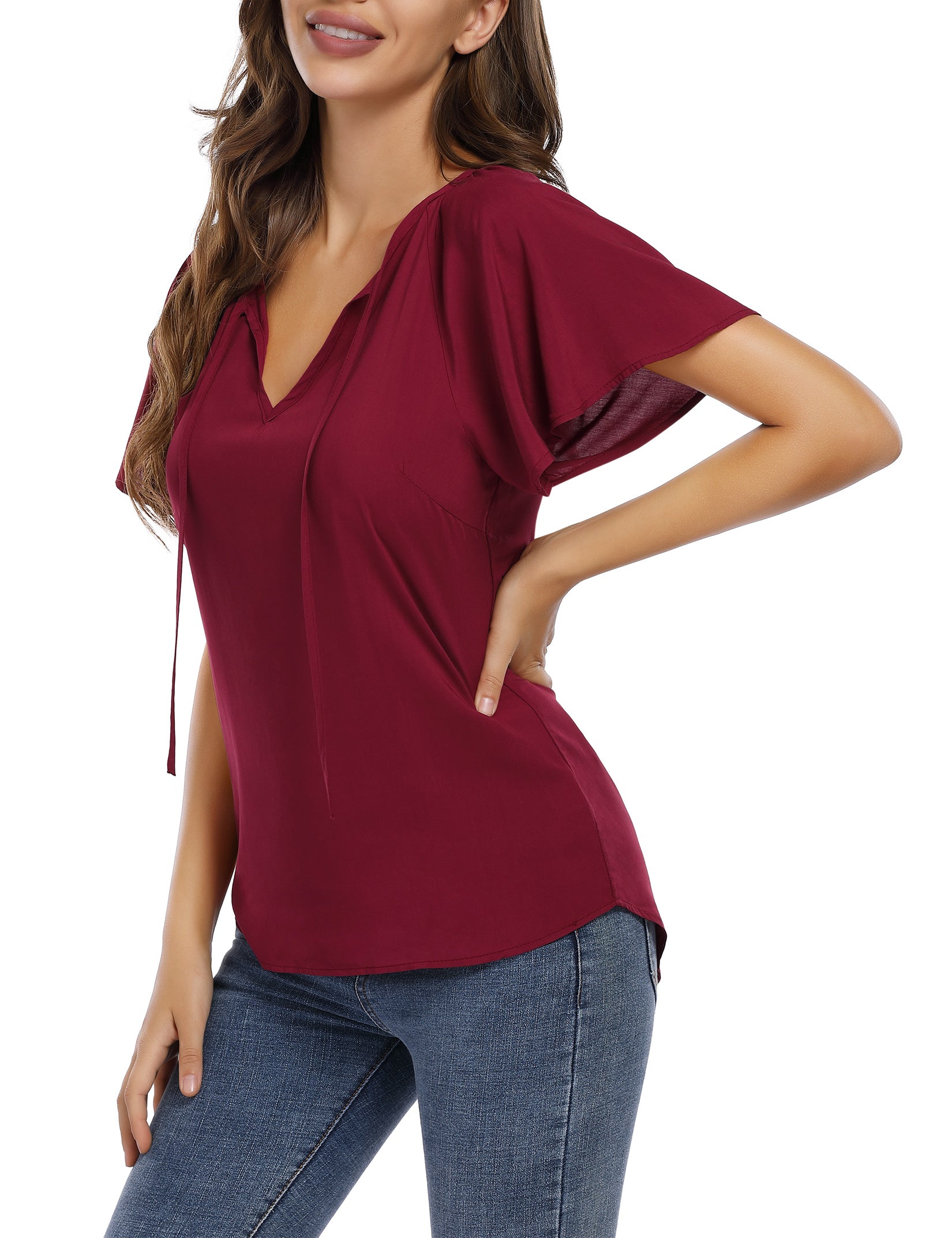 YESFASHION Women's V Neck Top Short Ruffle Drawstring Shirt