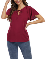 YESFASHION Women's V Neck Top Short Ruffle Drawstring Shirt