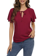 YESFASHION Women's V Neck Top Short Ruffle Drawstring Shirt