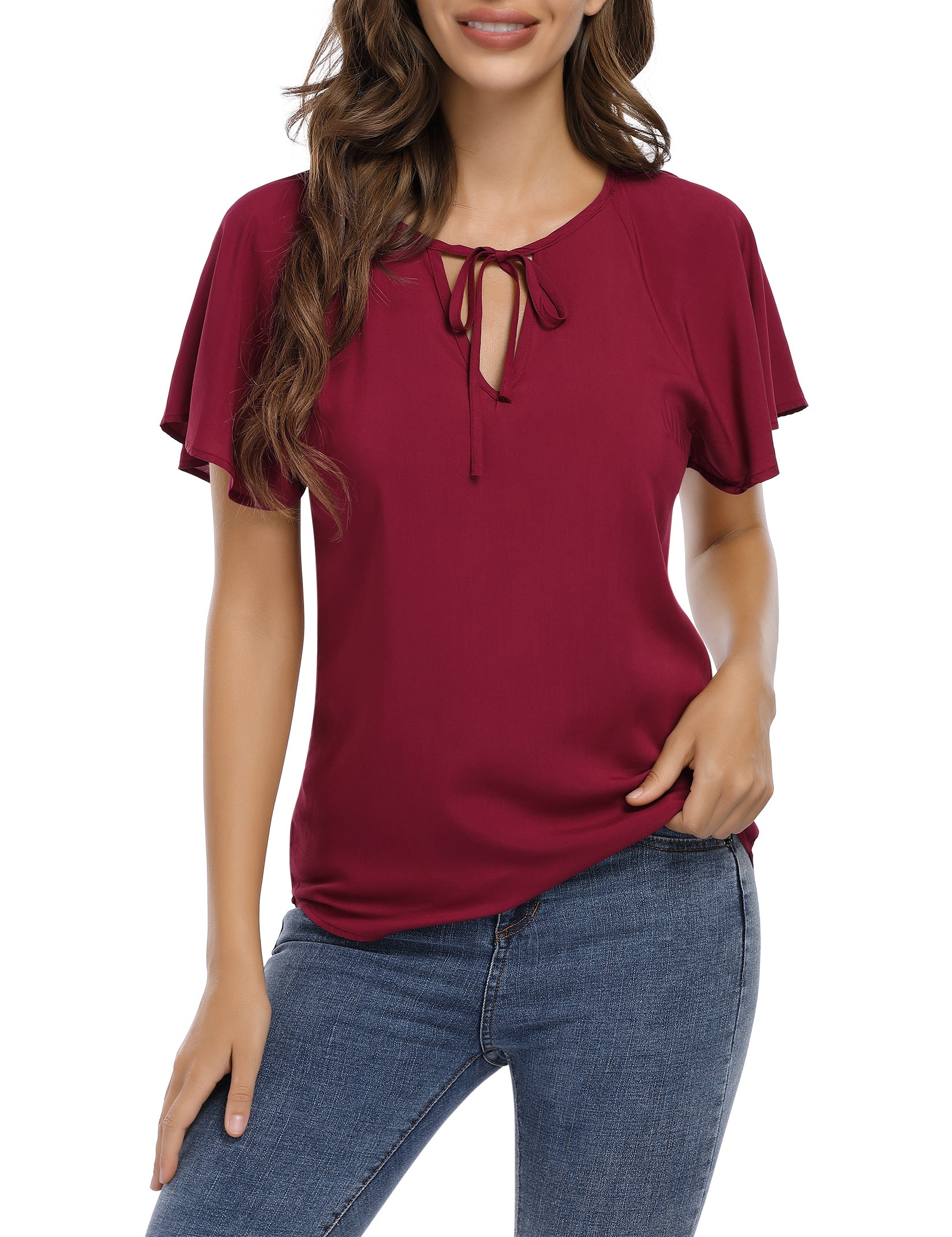 YESFASHION Women's V Neck Top Short Ruffle Drawstring Shirt