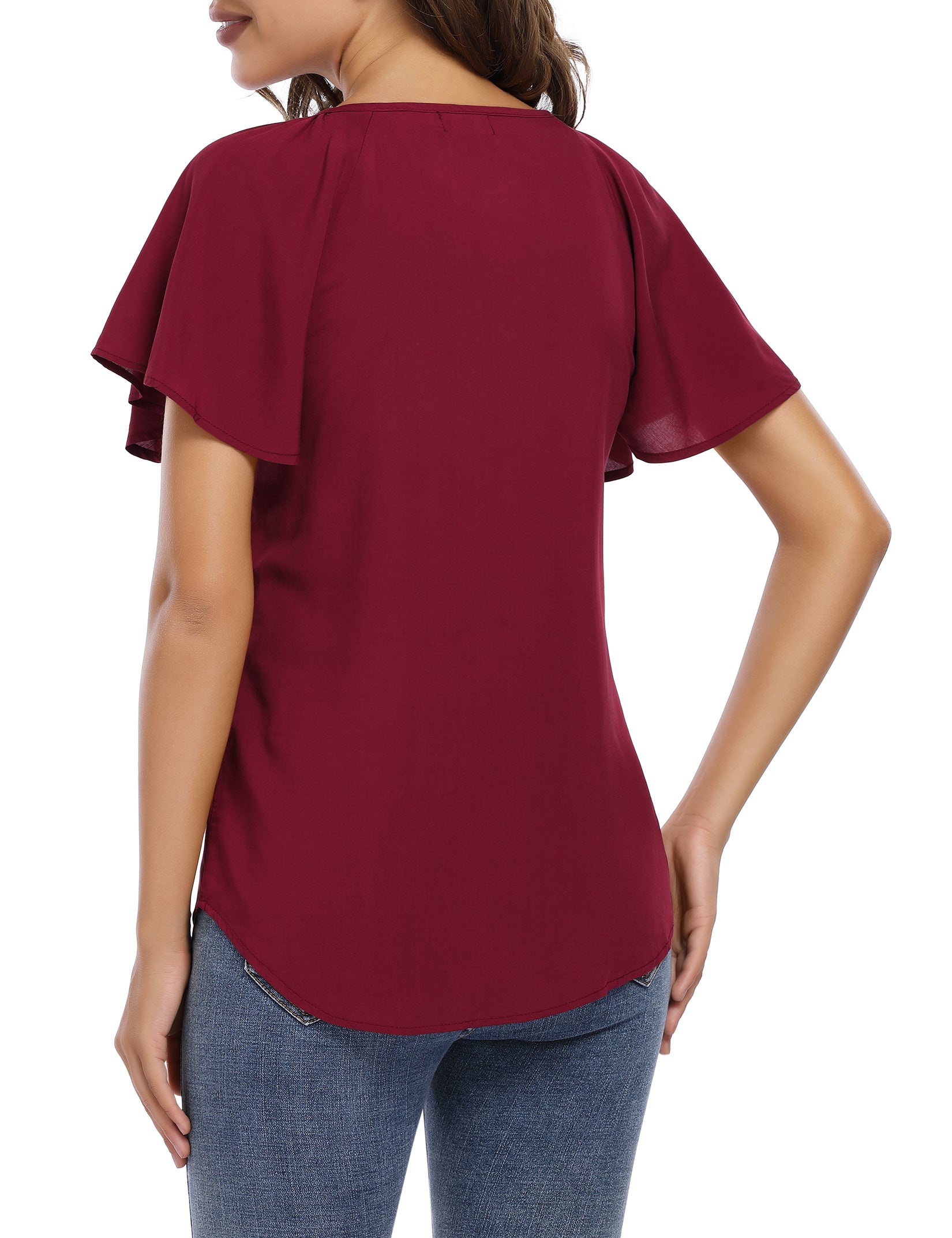 YESFASHION Women's V Neck Top Short Ruffle Drawstring Shirt