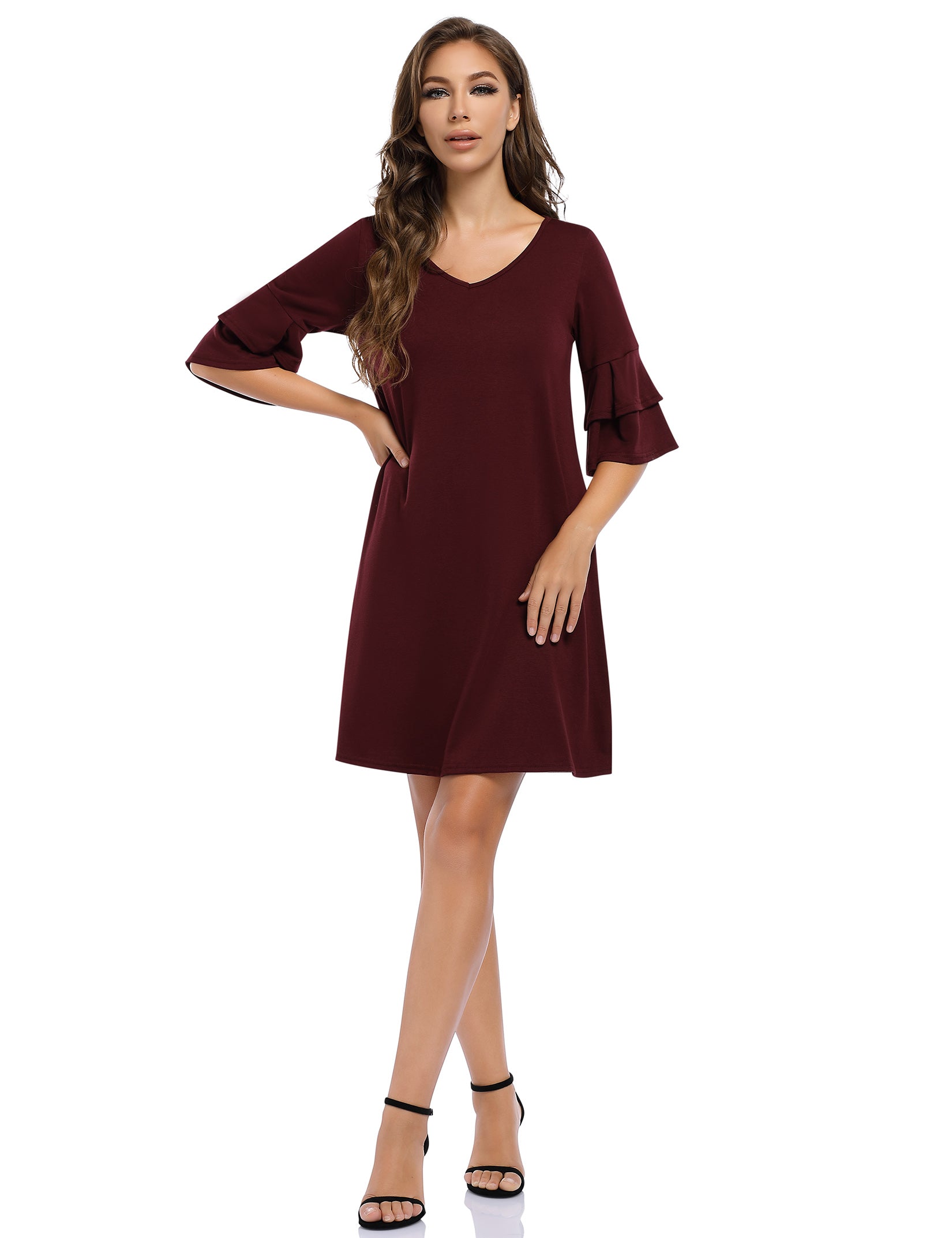 YESFASHION Women's Swing V Neck Ruffle Shift Dress
